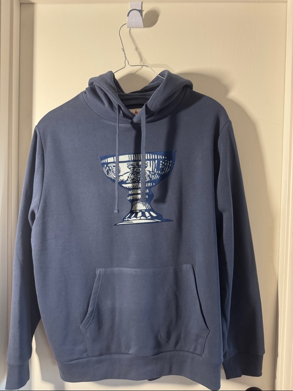 Red Jacket Blue Crewneck Hoodie with Trophy Graphic